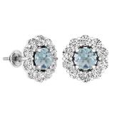 3.90 Carat (ctw) Sterling Silver Round Aquamarine & White Sapphire Ladies Halo Fashion Stud Earrings