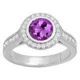 10K White Gold 6.5 MM Round Amethyst & White Diamond Ladies Bridal Halo Engagement Ring
