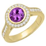 10K Yellow Gold 6.5 MM Round Amethyst & White Diamond Ladies Bridal Halo Engagement Ring