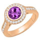 14K Rose Gold 6.5 MM Round Amethyst & White Diamond Ladies Bridal Halo Engagement Ring