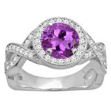 10K White Gold 7 MM Round Amethyst & White Diamond Ladies Bridal Halo Engagement Ring