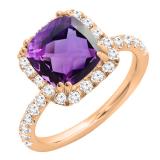 10K Rose Gold 7.5 MM Cushion Amethyst & Round White Diamond Ladies Bridal Halo Engagement Ring