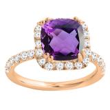 10K Rose Gold 7.5 MM Cushion Amethyst & Round White Diamond Ladies Bridal Halo Engagement Ring