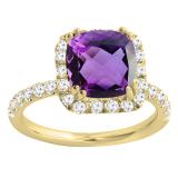 10K Yellow Gold 7.5 MM Cushion Amethyst & Round White Diamond Ladies Bridal Halo Engagement Ring