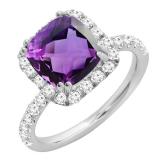 14K White Gold 7.5 MM Cushion Amethyst & Round White Diamond Ladies Bridal Halo Engagement Ring
