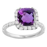 14K White Gold 7.5 MM Cushion Amethyst & Round White Diamond Ladies Bridal Halo Engagement Ring