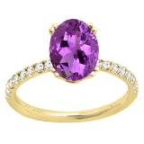 10K Yellow Gold 8X6 MM Oval Amethyst & Round White Diamond Ladies Bridal Halo Engagement Ring