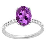 14K White Gold 8X6 MM Oval Amethyst & Round White Diamond Ladies Bridal Halo Engagement Ring