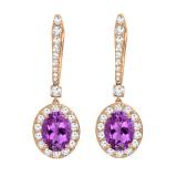 10K Rose Gold 7X5 MM Oval Amethyst & Round Diamond Ladies Halo Style Dangling Drop Earrings