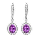 10K White Gold 7X5 MM Oval Amethyst & Round Diamond Ladies Halo Style Dangling Drop Earrings