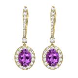 10K Yellow Gold 7X5 MM Oval Amethyst & Round Diamond Ladies Halo Style Dangling Drop Earrings