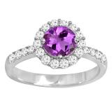 10K White Gold 6.5 MM Round Amethyst & White Diamond Ladies Bridal Halo Engagement Ring