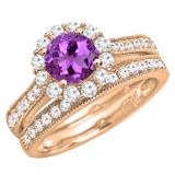 10K Rose Gold 6 MM Round Amethyst & White Diamond Ladies Bridal Halo Engagement Ring Set