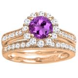 10K Rose Gold 6 MM Round Amethyst & White Diamond Ladies Bridal Halo Engagement Ring Set