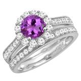 10K White Gold 6 MM Round Amethyst & White Diamond Ladies Bridal Halo Engagement Ring Set