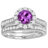 10K White Gold 6 MM Round Amethyst & White Diamond Ladies Bridal Halo Engagement Ring Set