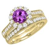 10K Yellow Gold 6 MM Round Amethyst & White Diamond Ladies Bridal Halo Engagement Ring Set