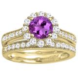 10K Yellow Gold 6 MM Round Amethyst & White Diamond Ladies Bridal Halo Engagement Ring Set