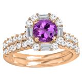 10K Rose Gold 6 MM Round Amethyst & Round & baguette Diamond Bridal Wedding Ring Set