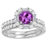 10K White Gold 6 MM Round Amethyst & Round & baguette Diamond Bridal Wedding Ring Set