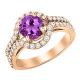 10K Rose Gold 6.5 MM Round Amethyst & Round Diamond Shank Bridal Engagement Halo Ring