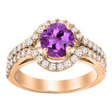 10K Rose Gold 6.5 MM Round Amethyst & Round Diamond Shank Bridal Engagement Halo Ring