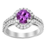 10K White Gold 6.5 MM Round Amethyst & Round Diamond Shank Bridal Engagement Halo Ring