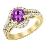 10K Yellow Gold 6.5 MM Round Amethyst & Round Diamond Shank Bridal Engagement Halo Ring