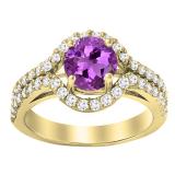 10K Yellow Gold 6.5 MM Round Amethyst & Round Diamond Shank Bridal Engagement Halo Ring