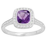 14K White Gold 6 MM Cushion Amethyst & Round White Diamond Bridal Halo Engagement Ring