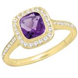 14K Yellow Gold 6 MM Cushion Amethyst & Round White Diamond Bridal Halo Engagement Ring