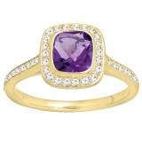 14K Yellow Gold 6 MM Cushion Amethyst & Round White Diamond Bridal Halo Engagement Ring