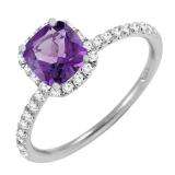 14K White Gold 6X6 MM Cushion Amethyst & White Diamond Bridal Halo Style Engagement Ring