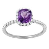 14K White Gold 6X6 MM Cushion Amethyst & White Diamond Bridal Halo Style Engagement Ring