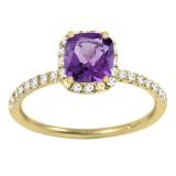14K Yellow Gold 6X6 MM Cushion Amethyst & White Diamond Bridal Halo Style Engagement Ring