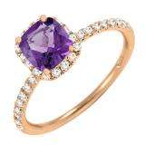 18K Rose Gold 6X6 MM Cushion Amethyst & White Diamond Bridal Halo Style Engagement Ring