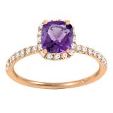 18K Rose Gold 6X6 MM Cushion Amethyst & White Diamond Bridal Halo Style Engagement Ring