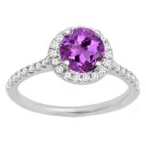 14K White Gold 6 MM Round Amethyst & White Diamond Bridal Halo Style Engagement Ring