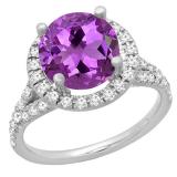 18K White Gold 6.5 MM Round Amethyst & White Diamond Ladies Bridal Halo Engagement Ring