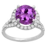 18K White Gold 6.5 MM Round Amethyst & White Diamond Ladies Bridal Halo Engagement Ring