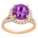 18K Rose Gold 6.5 MM Round Amethyst & White Diamond Ladies Bridal Halo Engagement Ring