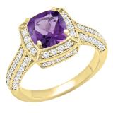 10K Yellow Gold 6.5 MM Cushion Cut Amethyst & Round White Diamond Ladies Bridal Halo Engagement Ring