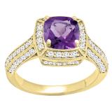 10K Yellow Gold 6.5 MM Cushion Cut Amethyst & Round White Diamond Ladies Bridal Halo Engagement Ring