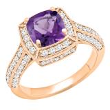 14K Rose Gold 6.5 MM Cushion Cut Amethyst & Round White Diamond Ladies Bridal Halo Engagement Ring