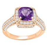 14K Rose Gold 6.5 MM Cushion Cut Amethyst & Round White Diamond Ladies Bridal Halo Engagement Ring