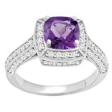 18K White Gold 6.5 MM Cushion Cut Amethyst & Round White Diamond Ladies Bridal Halo Engagement Ring