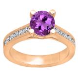 6.5 MM Round Amethyst & Princess White Diamond Ladies Bridal Engagement Ring 10K Rose Gold