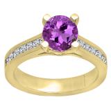 6.5 MM Round Amethyst & Princess White Diamond Ladies Bridal Engagement Ring 10K Yellow Gold