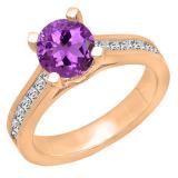 6.5 MM Round Amethyst & Princess White Diamond Ladies Bridal Engagement Ring 14K Rose Gold