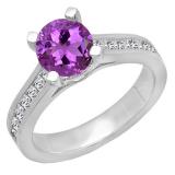 6.5 MM Round Amethyst & Princess White Diamond Ladies Bridal Engagement Ring 14K White Gold